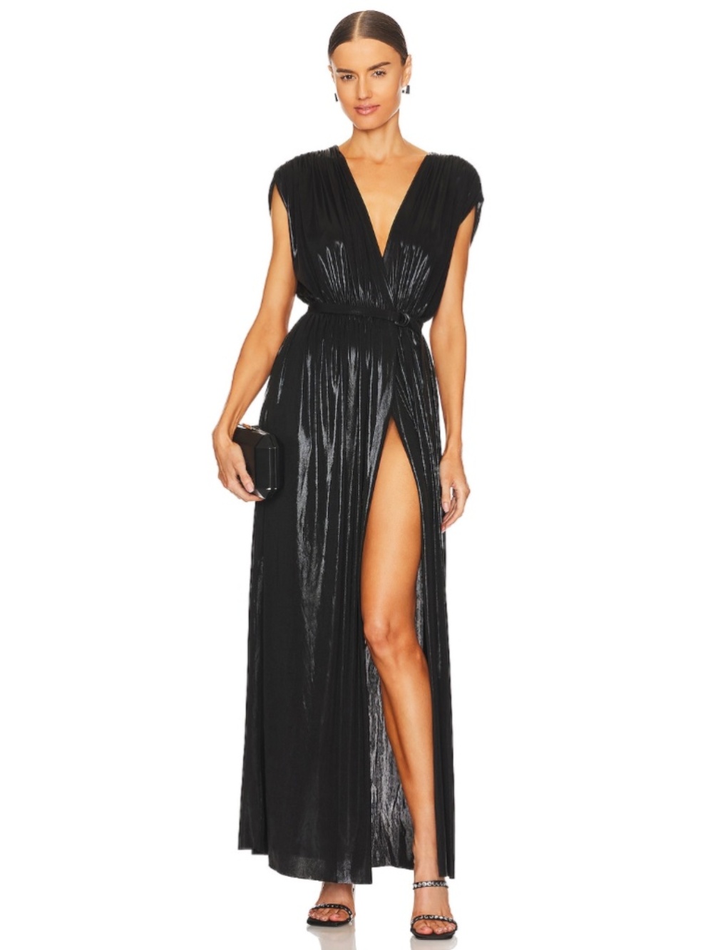 Norma Kamali Athena Sheen Deep V Slit Gown in Black